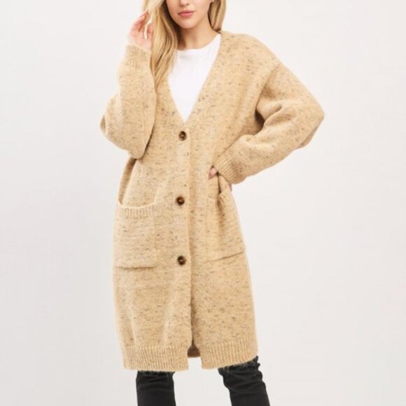 Sweaters - NWT Women’s Taupe Oversized Long Knit Wool Cardigan Sweater Button Down V-Neck